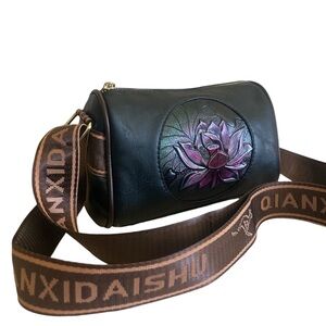 Lotus Crossbody Bag Black Vegan Leather 5.5” x 4”Purple Etched Lotus NWOT Artsy